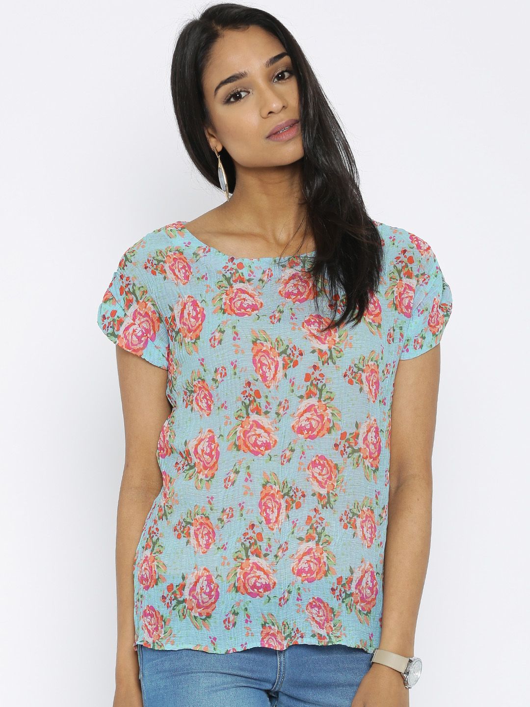 Park Avenue Blue Floral Print Top Price in India