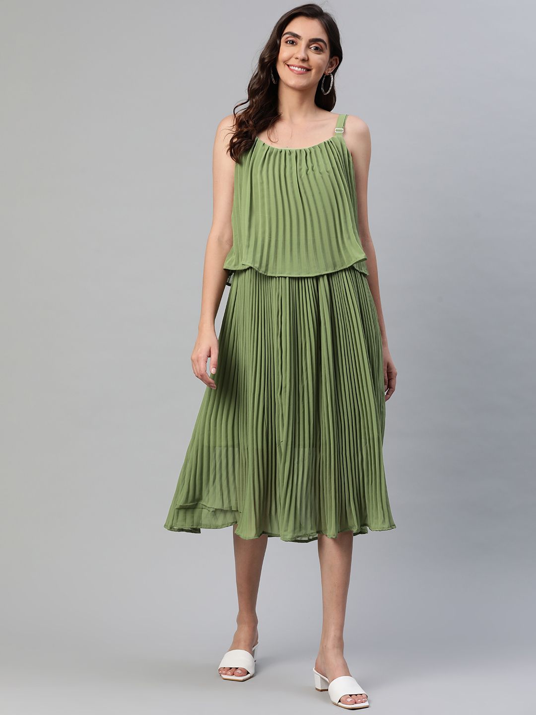 Aarika Women Green Solid Layered A-Line Midi Dress Price in India