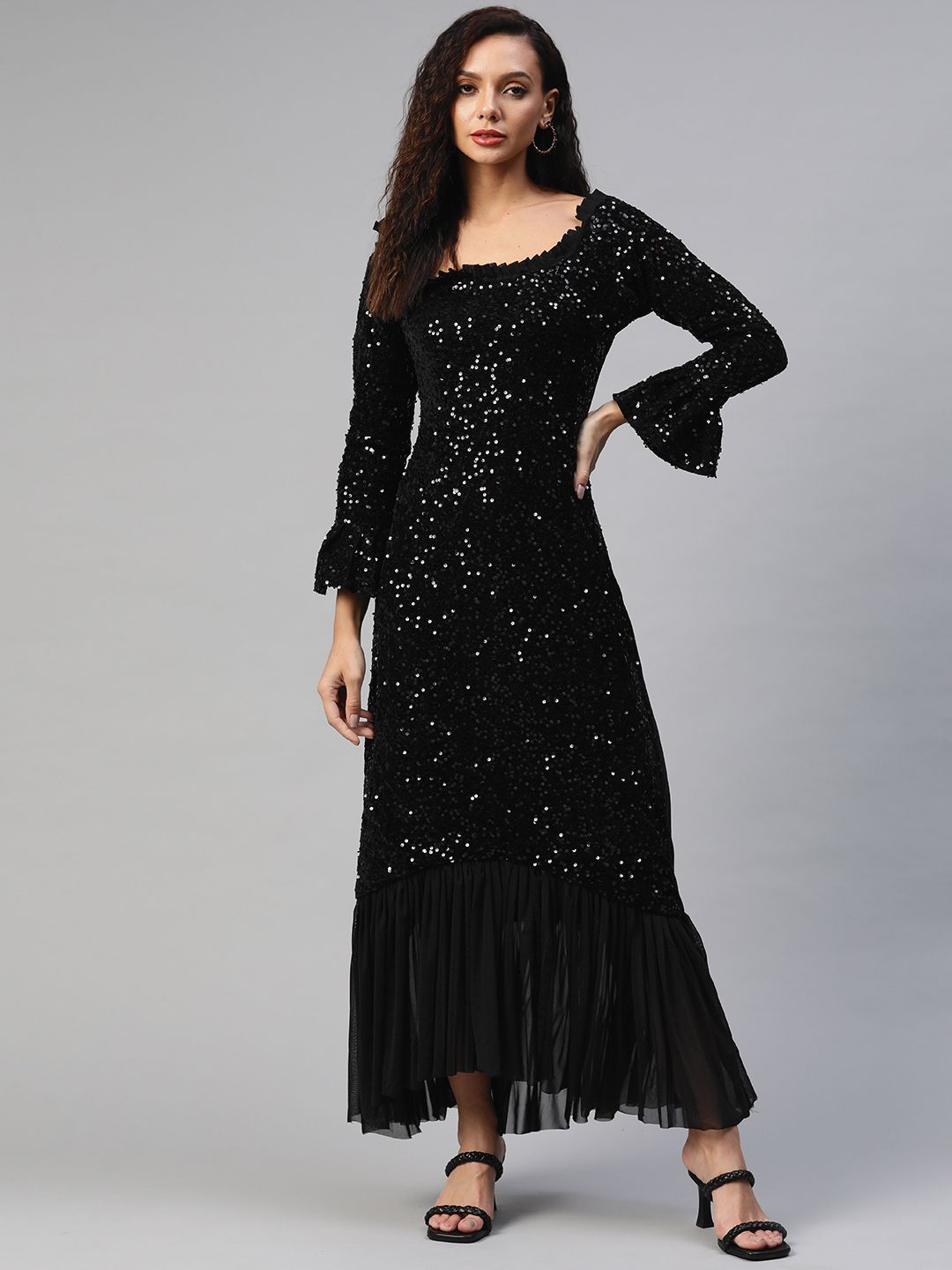 Aarika Women Black Embellished Velvet Maxi Dress Price in India