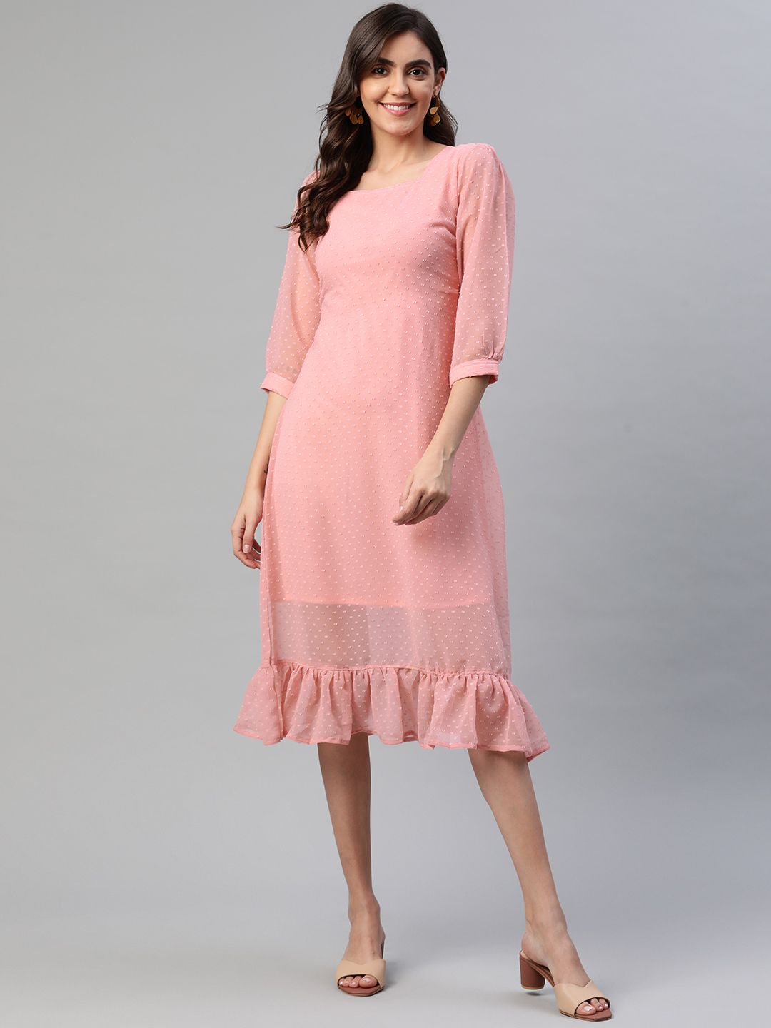 Aarika Women Peach-Coloured Dobby Weave A-Line Midi Dress Price in India