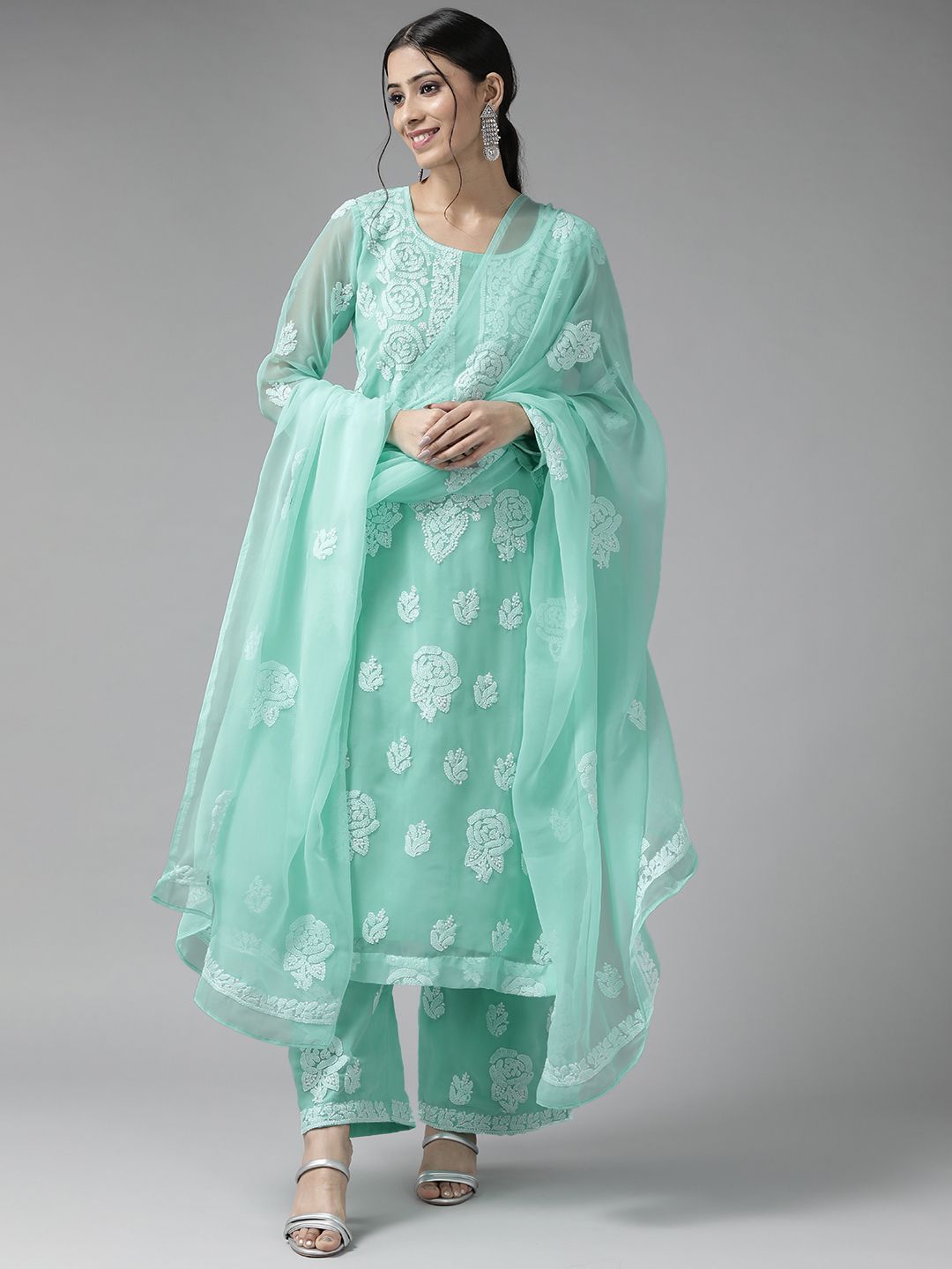 ADA Sea Green & White Embroidered Unstitched Dress Material Price in India