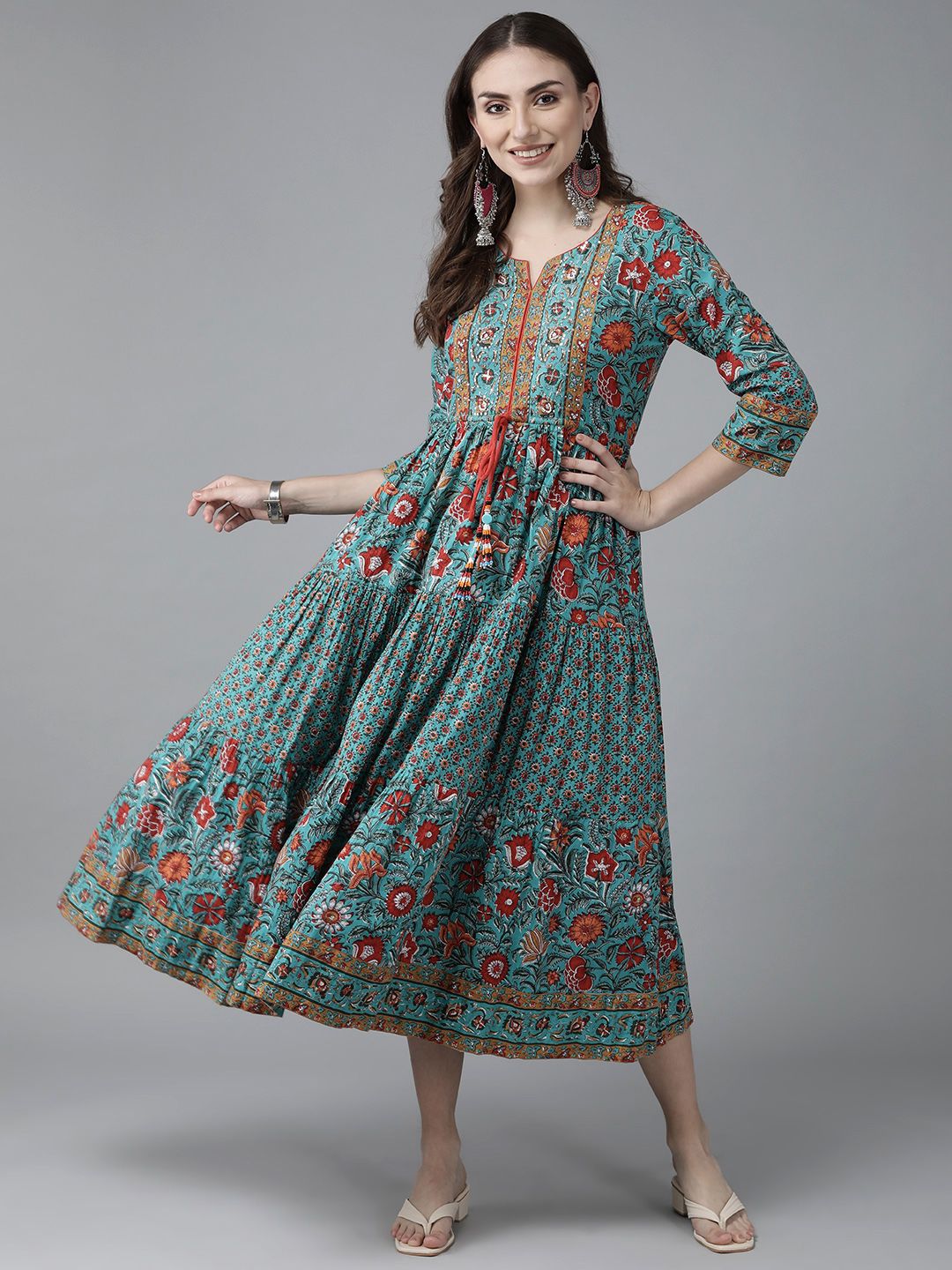 Rain & Rainbow Women Green & Red Ethnic Pure Cotton A-Line Midi Dress Price in India
