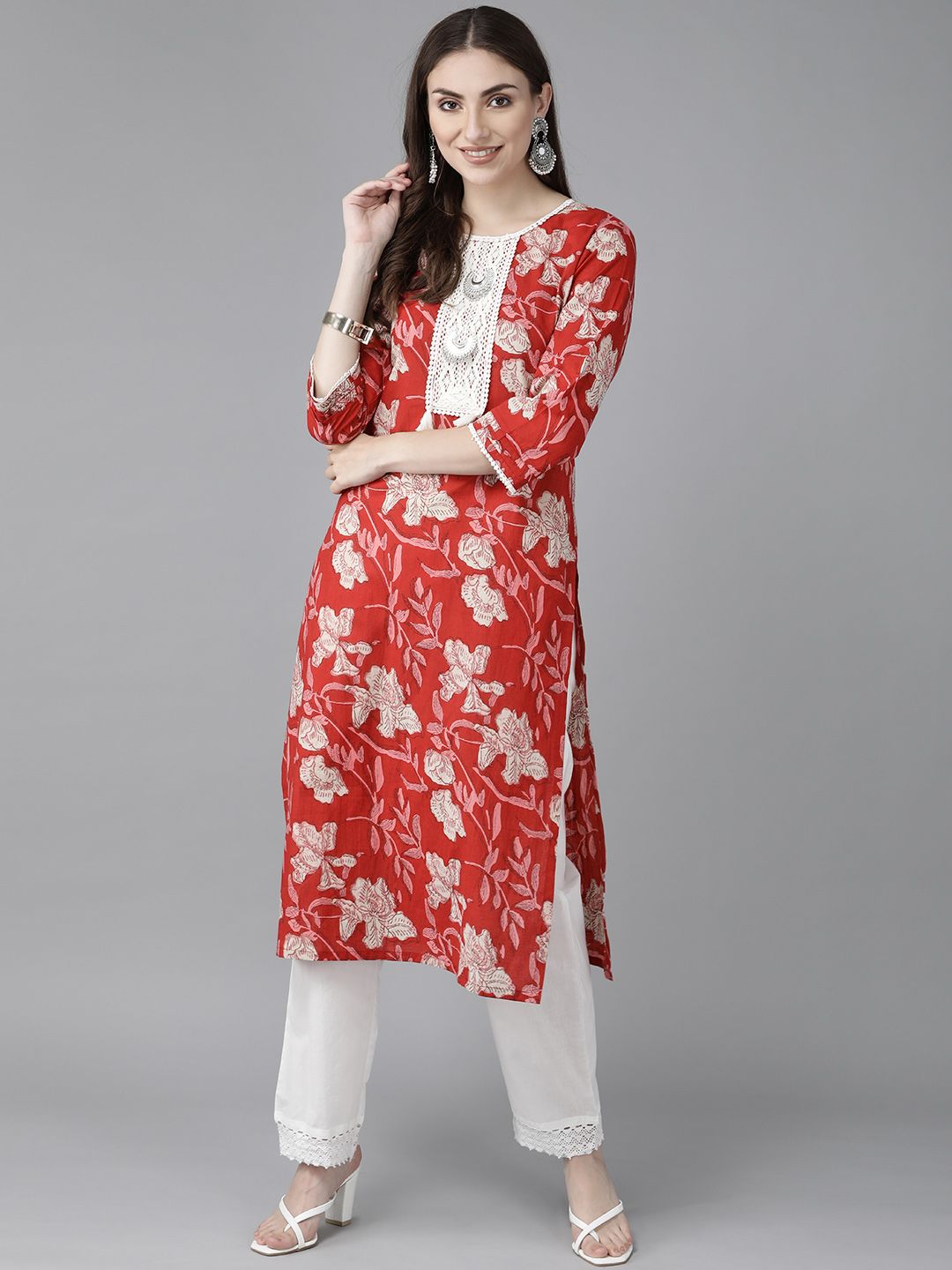 Rain & Rainbow Women Red & White Floral Yoke Design Kurta Price in India