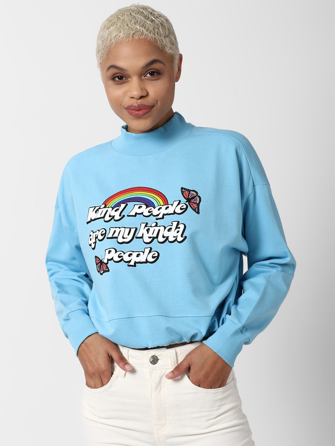 FOREVER 21 Women Blue Graphic Printed Pullover Sweatshirt Price in India