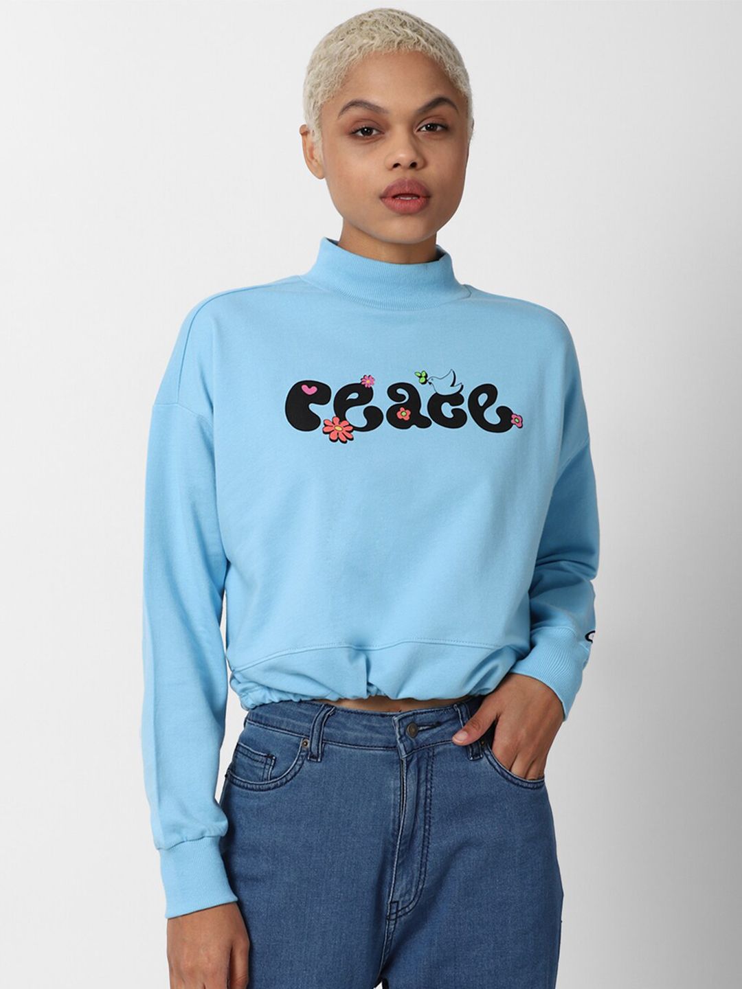 FOREVER 21 Women Blue Printed Cotton Sweatshirt Price in India