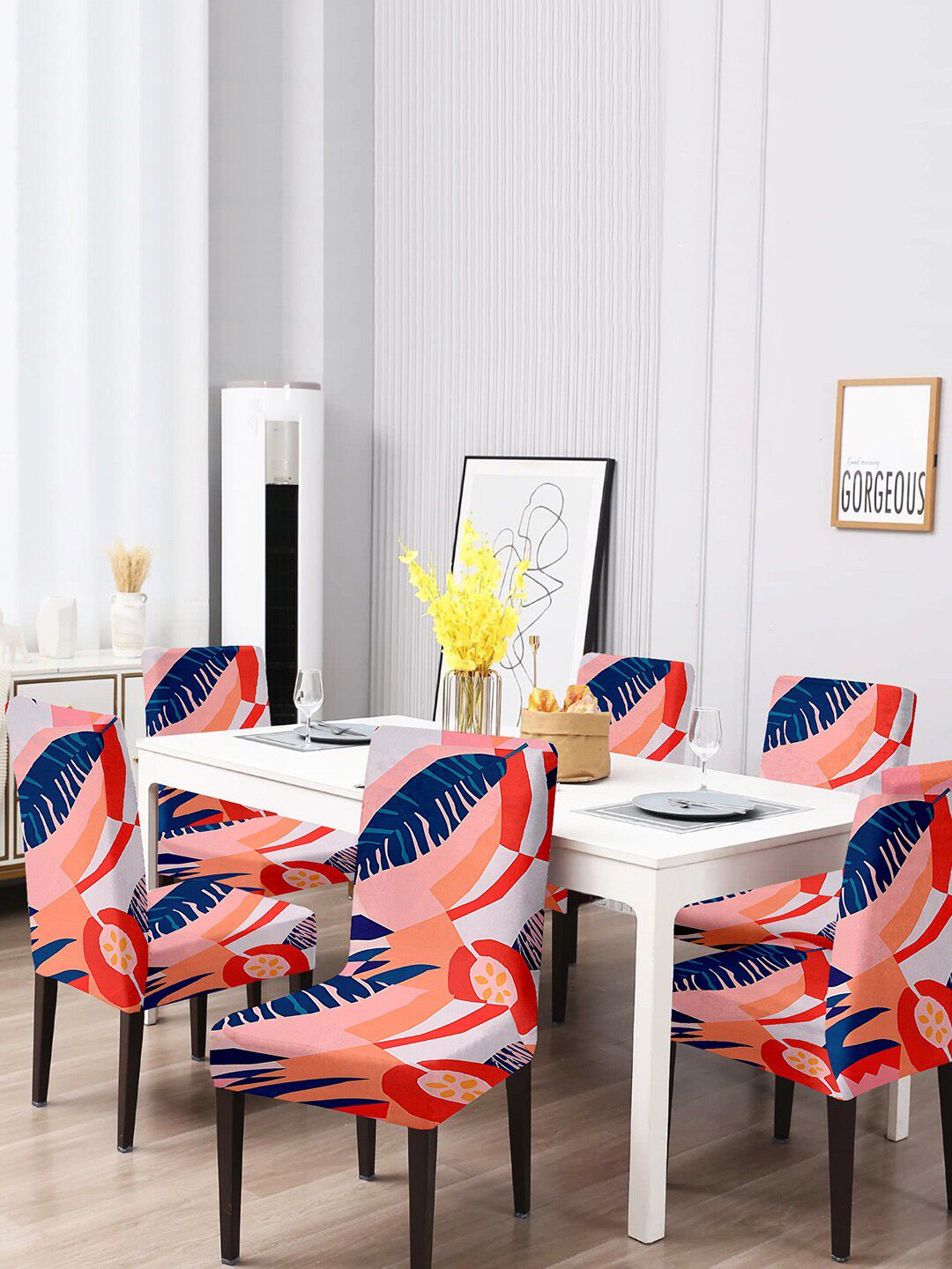 Cortina Set Of 6 Orange & Blue Printed Chair Cover Price in India