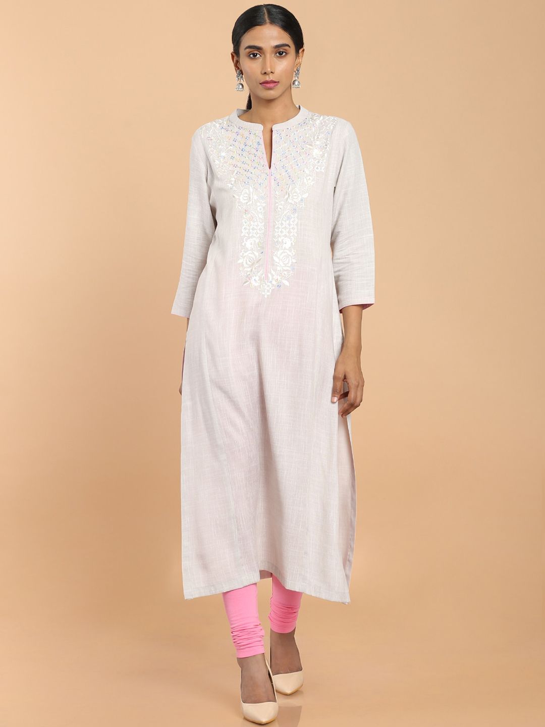 Soch Women Grey Ethnic Motifs Embroidered Mandarin Collar Straight Rayon Kurta Price in India