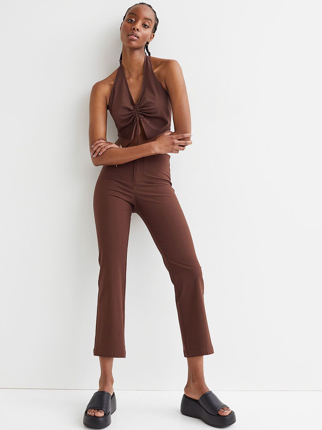 H&M Women Brown Slim Fit Flared Trousers Price in India