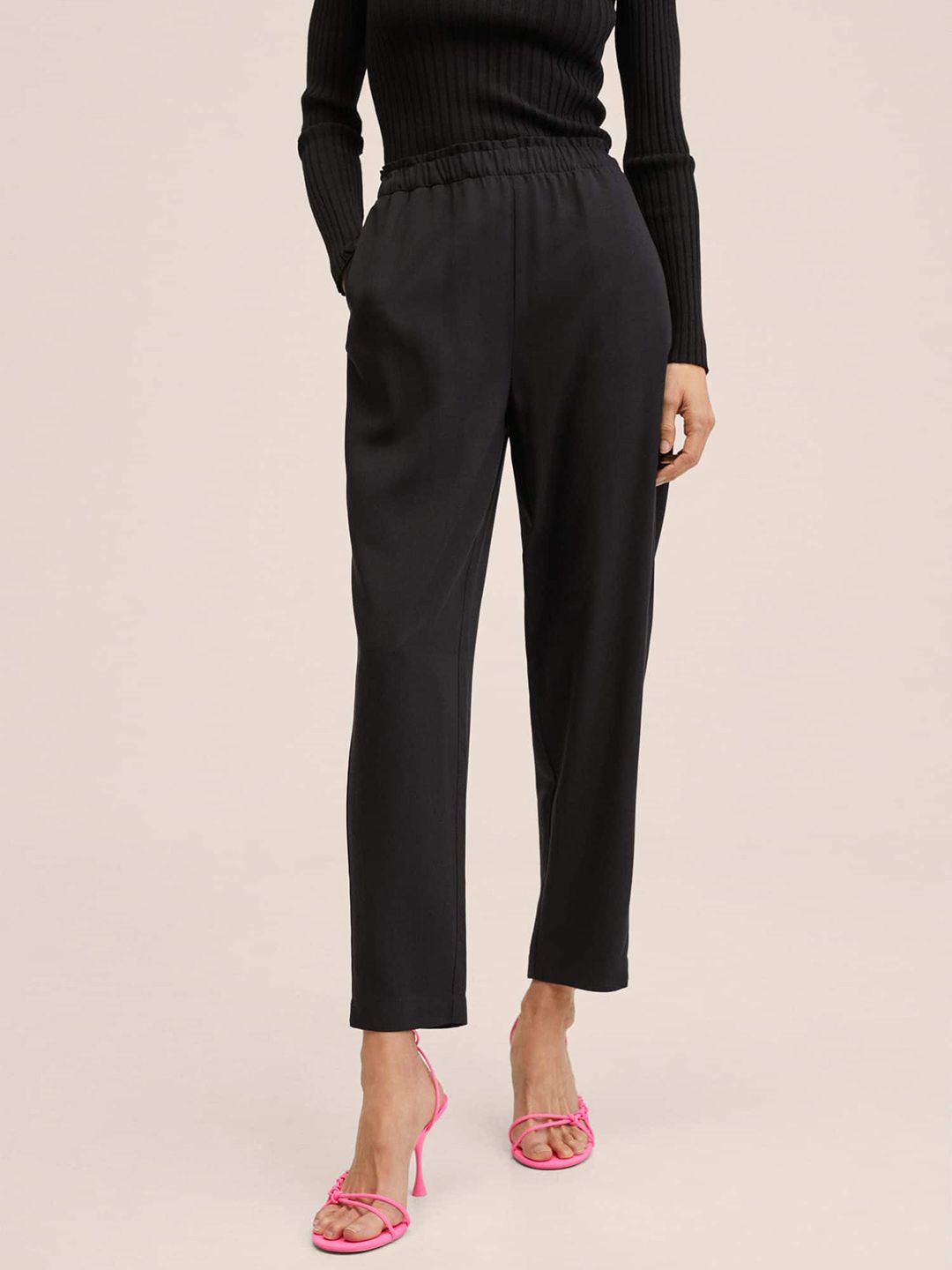 MANGO Women Black Solid Trousers Price in India