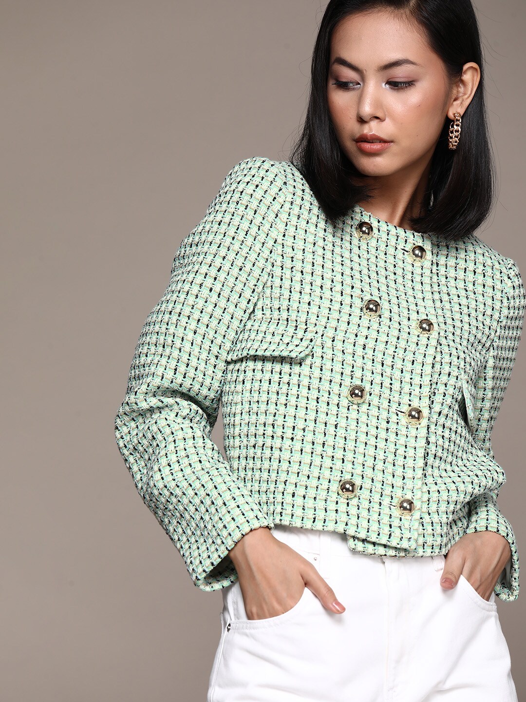 MANGO Women Green & White Self Design Double-Breasted Tailored Jacket Price in India