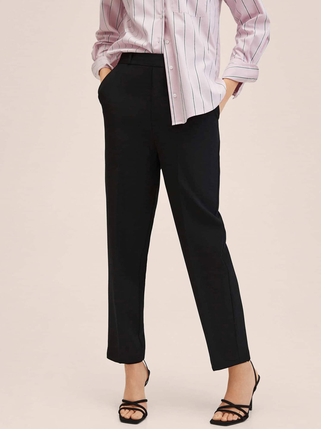 MANGO Women Black Solid Straight Fit Trousers Price in India
