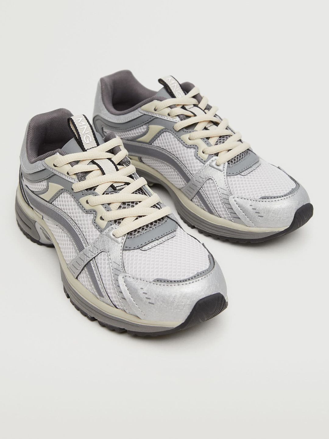 MANGO Women Grey & Off-White Colourblocked Woven Design Sneakers Price in India