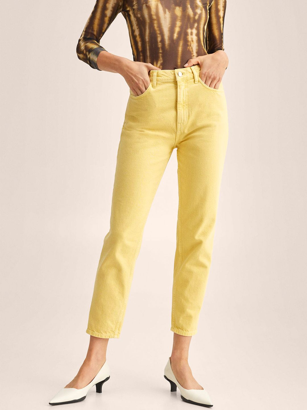 MANGO Women Yellow Solid Pure Cotton Mom Fit High-Rise Jeans Price in India