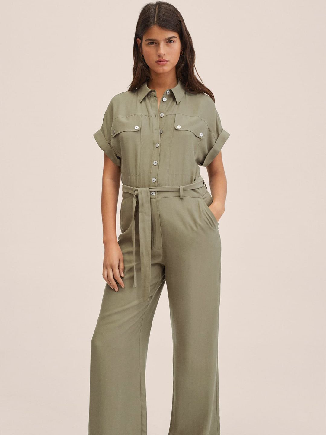 MANGO Olive Green Basic Jumpsuit with a Belt Price in India