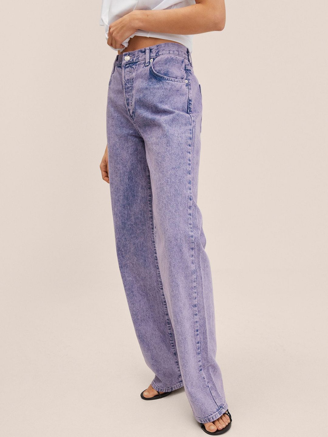 MANGO Women Blue Wide Leg Cotton High-Rise Light Fade Jeans Price in India