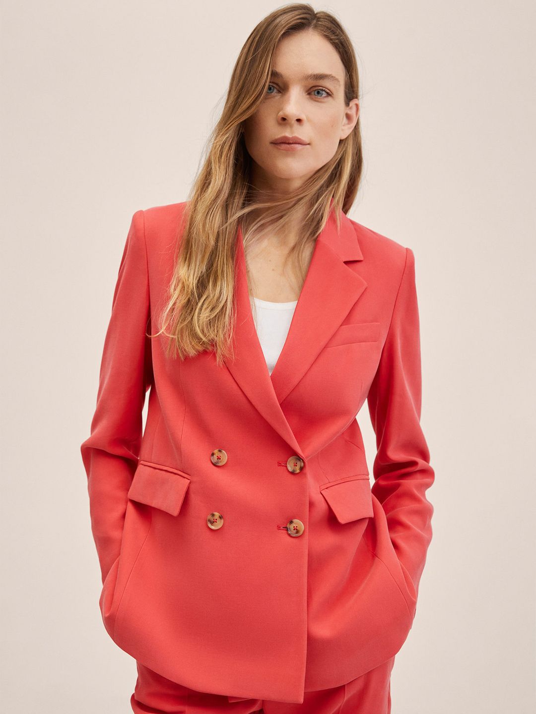 MANGO Women Coral Red Solid Double-Breasted Blazer Price in India