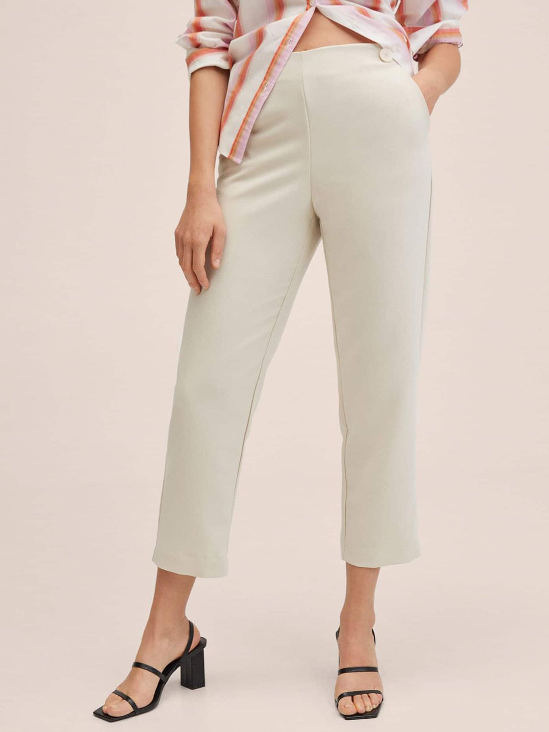 MANGO Women Off White Solid Trousers Price in India