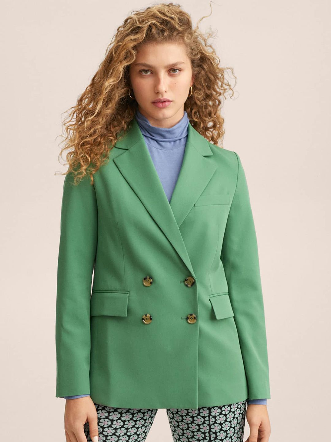 MANGO Women Green Solid Double Breasted Blazer
