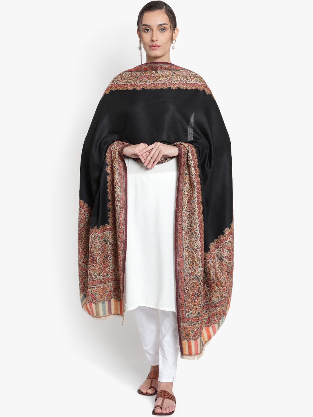 Mizash Women Black & Beige Printed Woolen Shawl Price in India