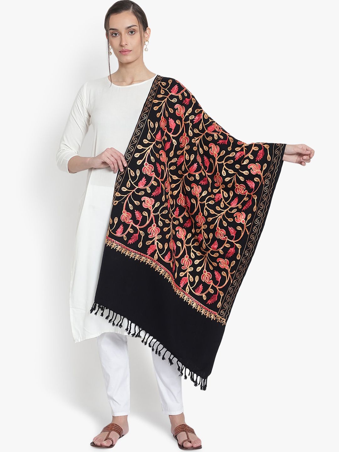 Mizash Women Black & Pink Embroidered  Woolen Blend Shawl Price in India