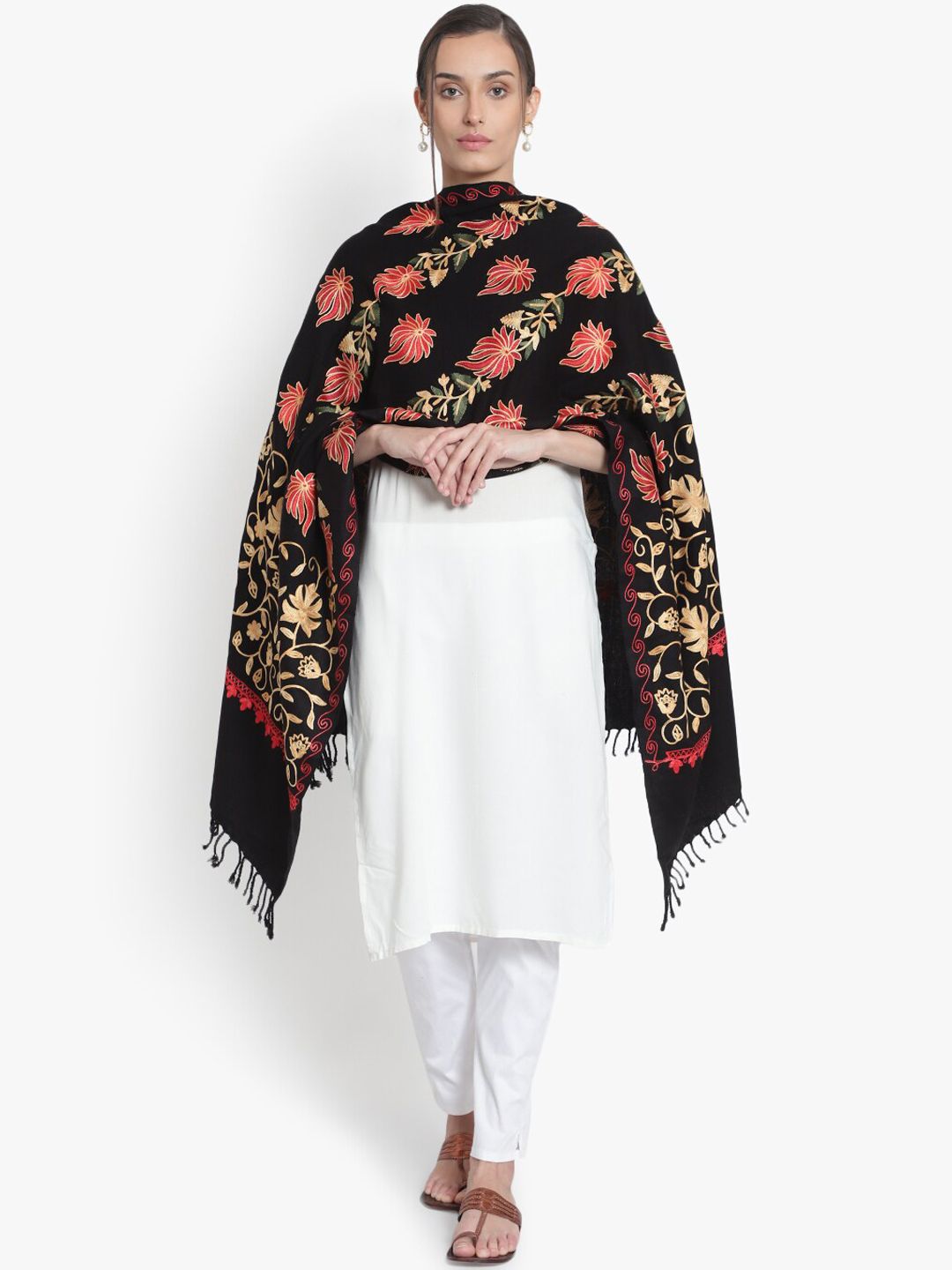 Mizash Women Black & Beige Ethnic Motifs Embroidered Shawl Price in India
