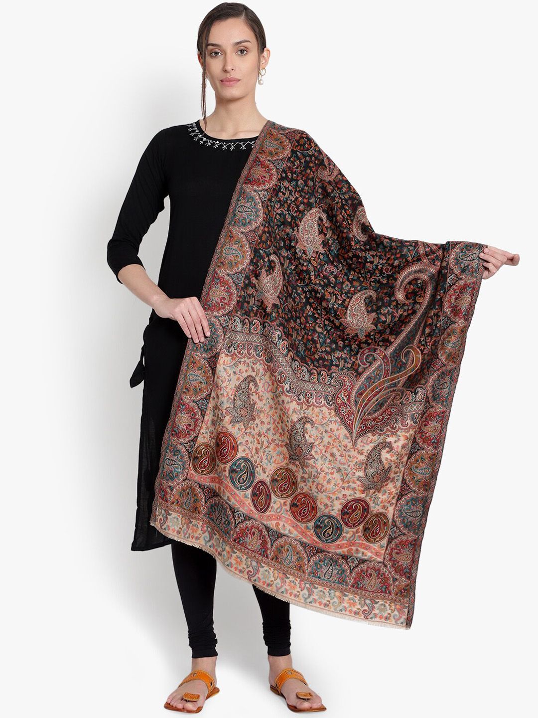 Mizash Women Black & Beige Printed Woolen Shawl Price in India
