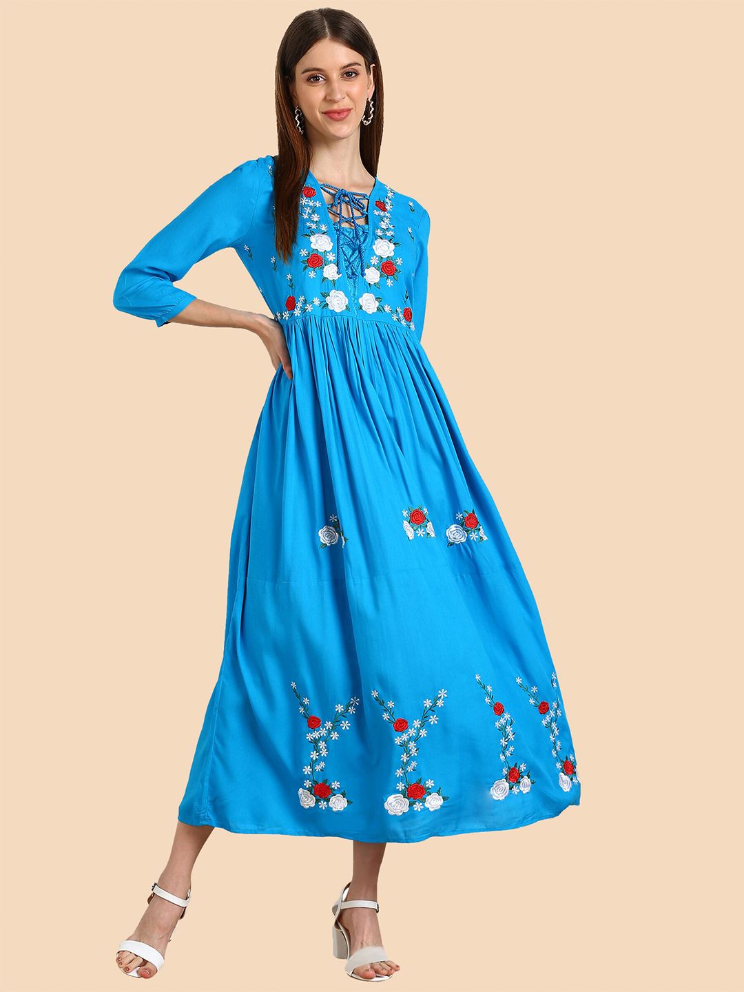 shashvi Women Turquoise Blue & Red Floral Embroidered Anarkali Kurta Price in India