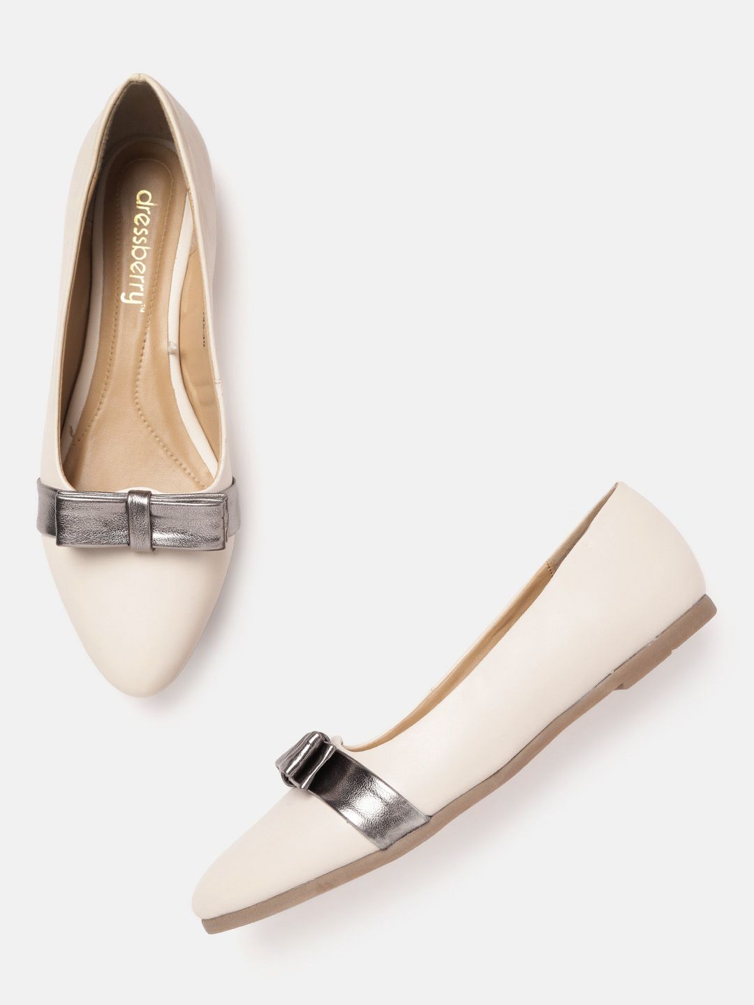 DressBerry Women Off-White Solid Ballerinas with Bows Price in India