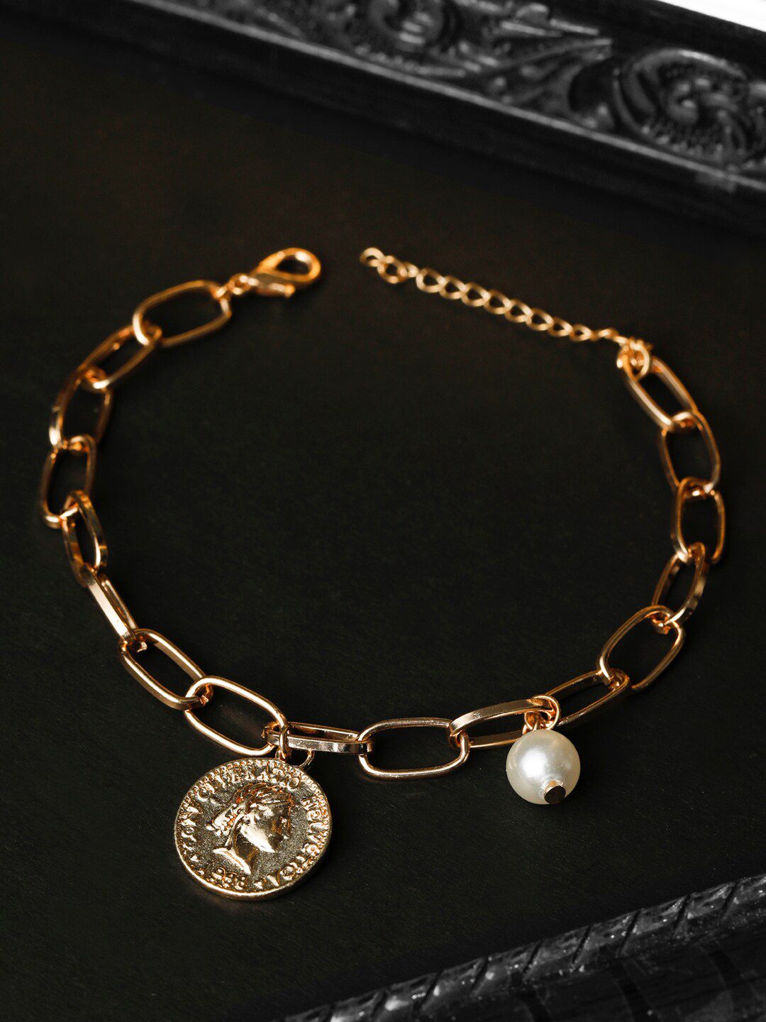 Priyaasi Women Rose Gold-Plated Pearl & Coin Link Bracelet Price in India