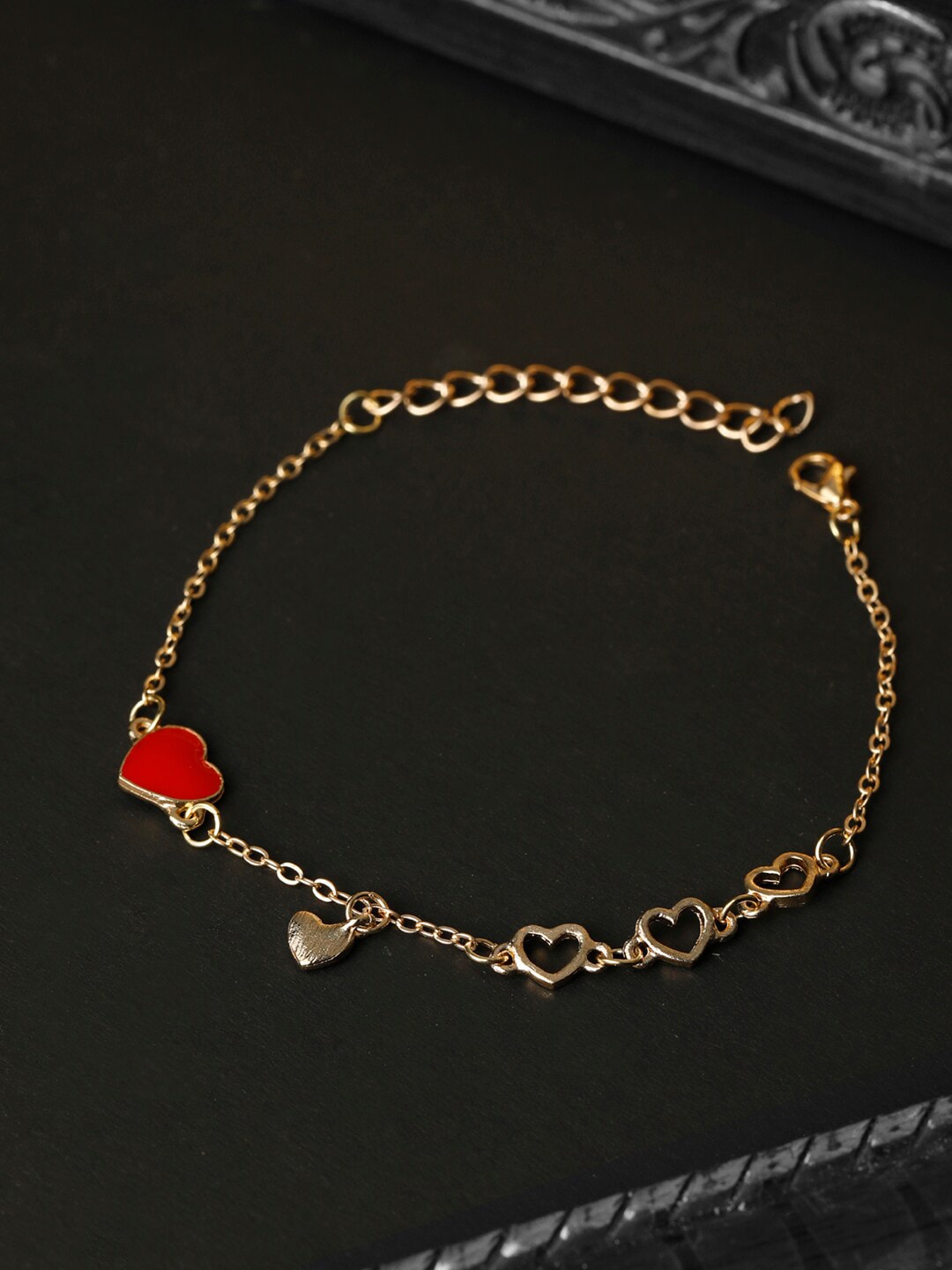 Priyaasi Women Gold-Toned & Red Brass Gold-Plated Heart Link Bracelet Price in India