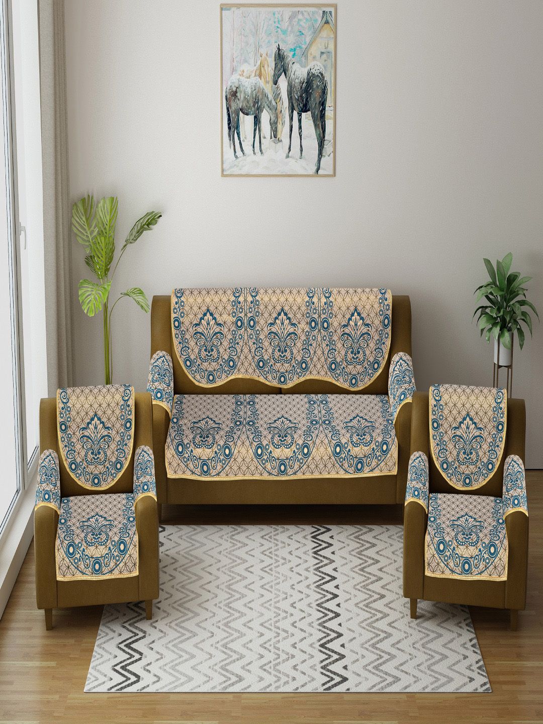 MULTITEX Blue & Cream-Colored Ethnic Motifs Printed Set of 16-Pieces Sofa Covers Price in India