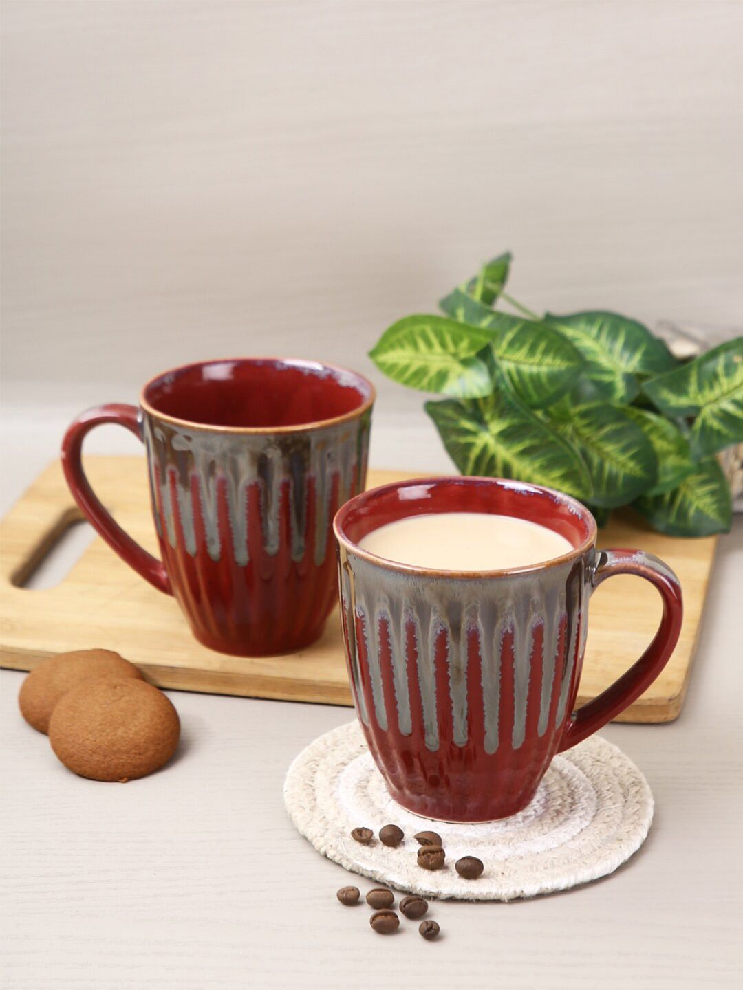 Aapno Rajasthan Red & Grey Set of 4 Textured Ceramic Glossy Mugs Price in India