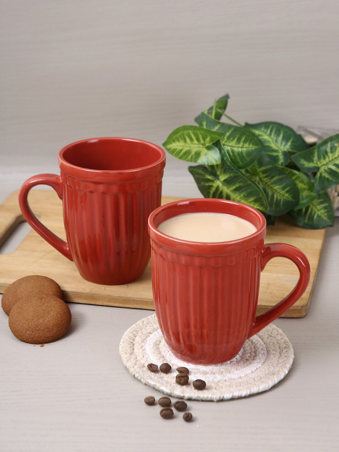 Aapno Rajasthan Red Set of 6 Textured Ceramic 250 ml Glossy Cups and Mugs Price in India