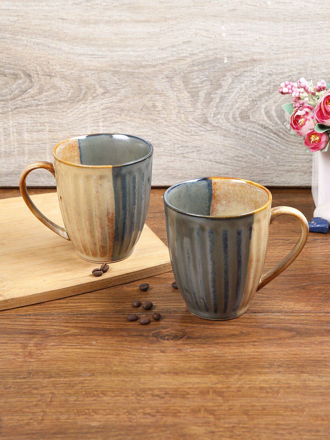 Aapno Rajasthan Set of 2 Grey & Beige Textured Ceramic Glossy Mugs Price in India