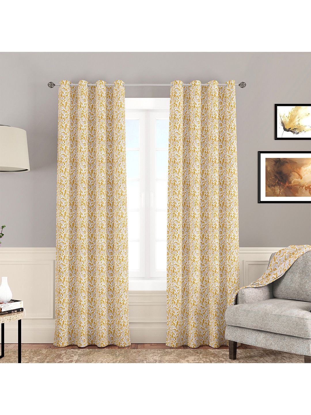 Athome by Nilkamal Mustard & White Set of 2 Floral Jacquard Door Curtain Price in India