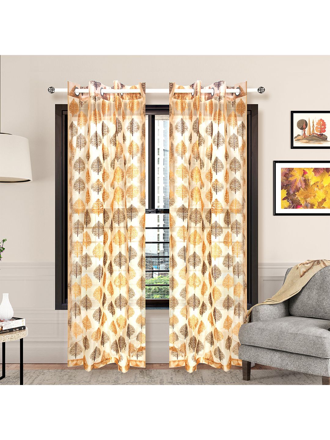 Athome by Nilkamal Beige & Orange Floral Printed Long Door Curtain Price in India