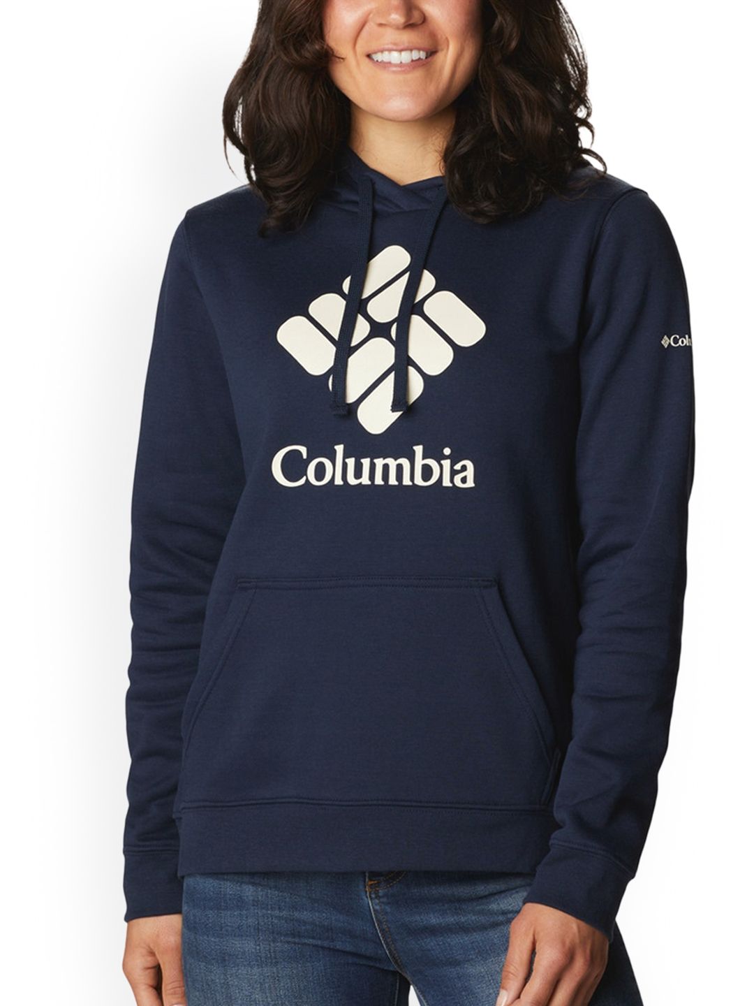 Columbia Women Navy Blue Graphic Print Hooded Sweatshirt Price in India