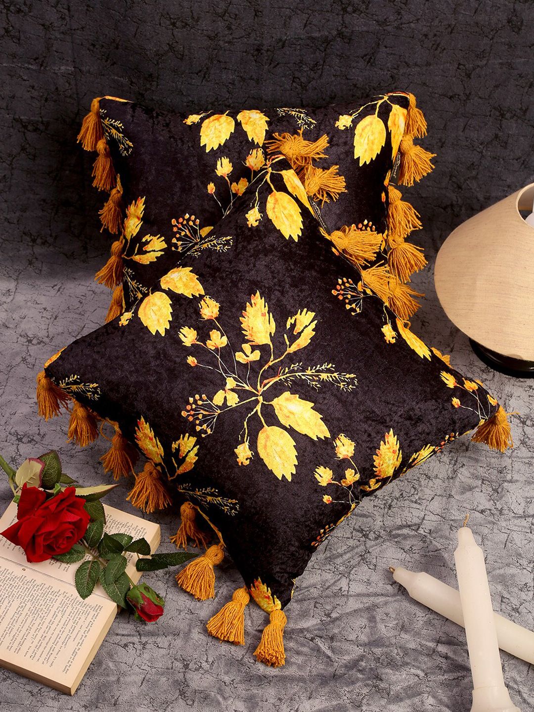 HOSTA HOMES Black & Yellow Set of 2 Floral Velvet Square Cushion Covers Price in India