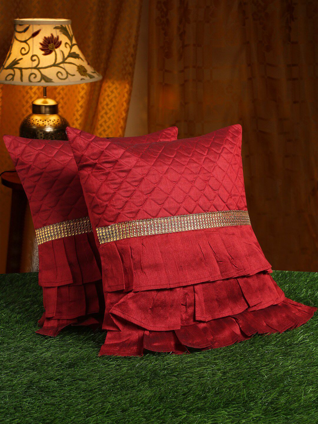 HOSTA HOMES Set of 2 Maroon & Gold-Toned Embellished Satin Square Cushion Covers Price in India