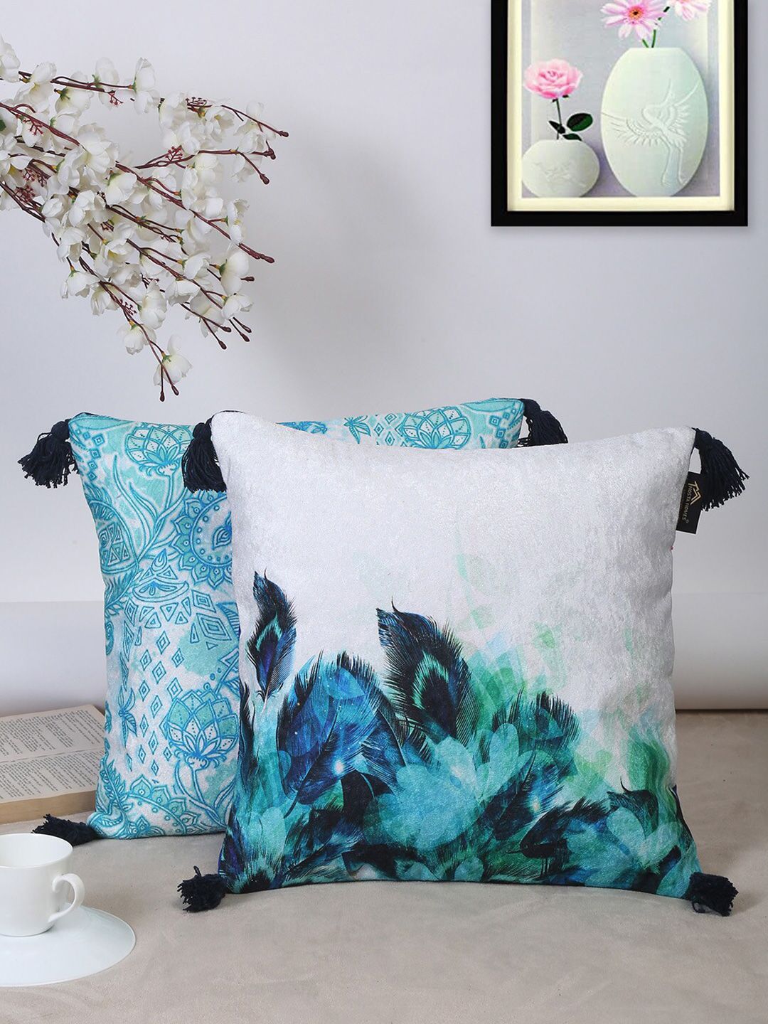 HOSTA HOMES Turquoise Blue & White Set of 2 Ethnic Motifs Velvet Square Cushion Covers Price in India