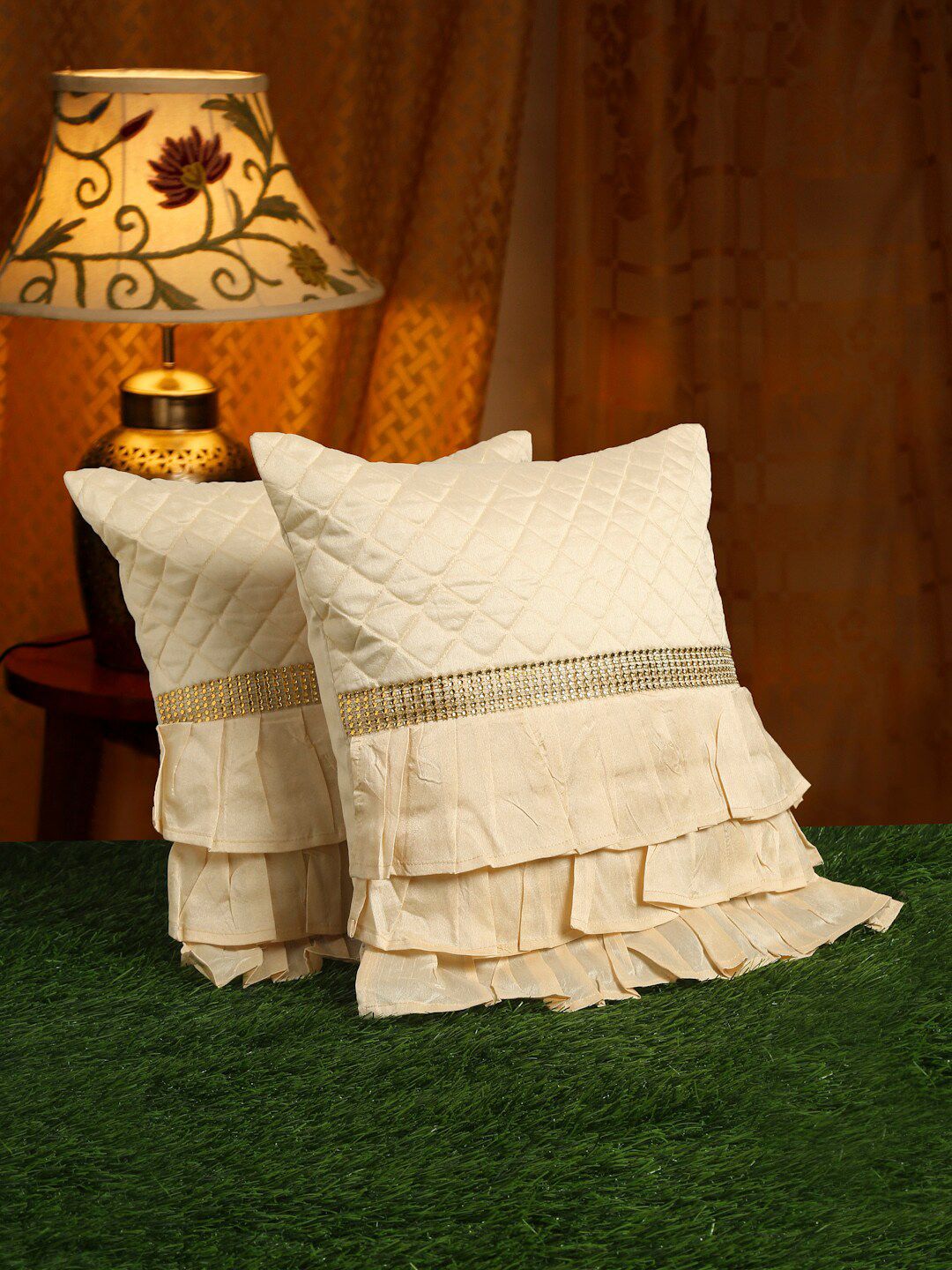 HOSTA HOMES Beige & Gold-Toned Set of 2 Satin Square Cushion Covers Price in India