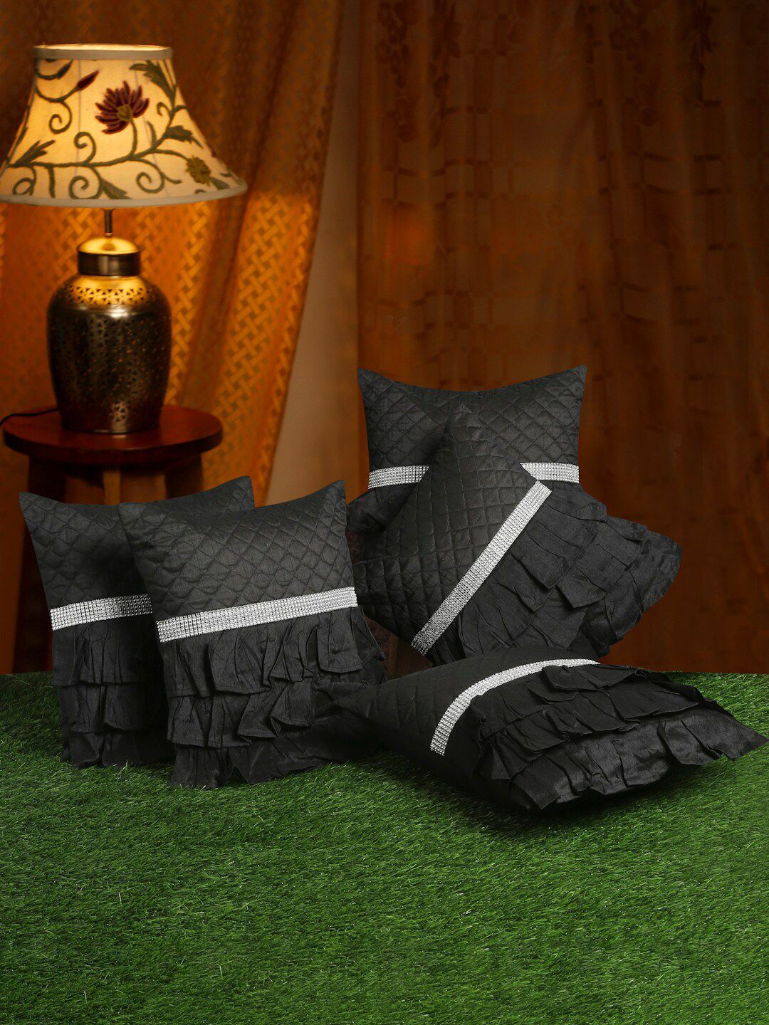 HOSTA HOMES Black & Silver-Toned Set of 5 Satin Square Cushion Covers Price in India