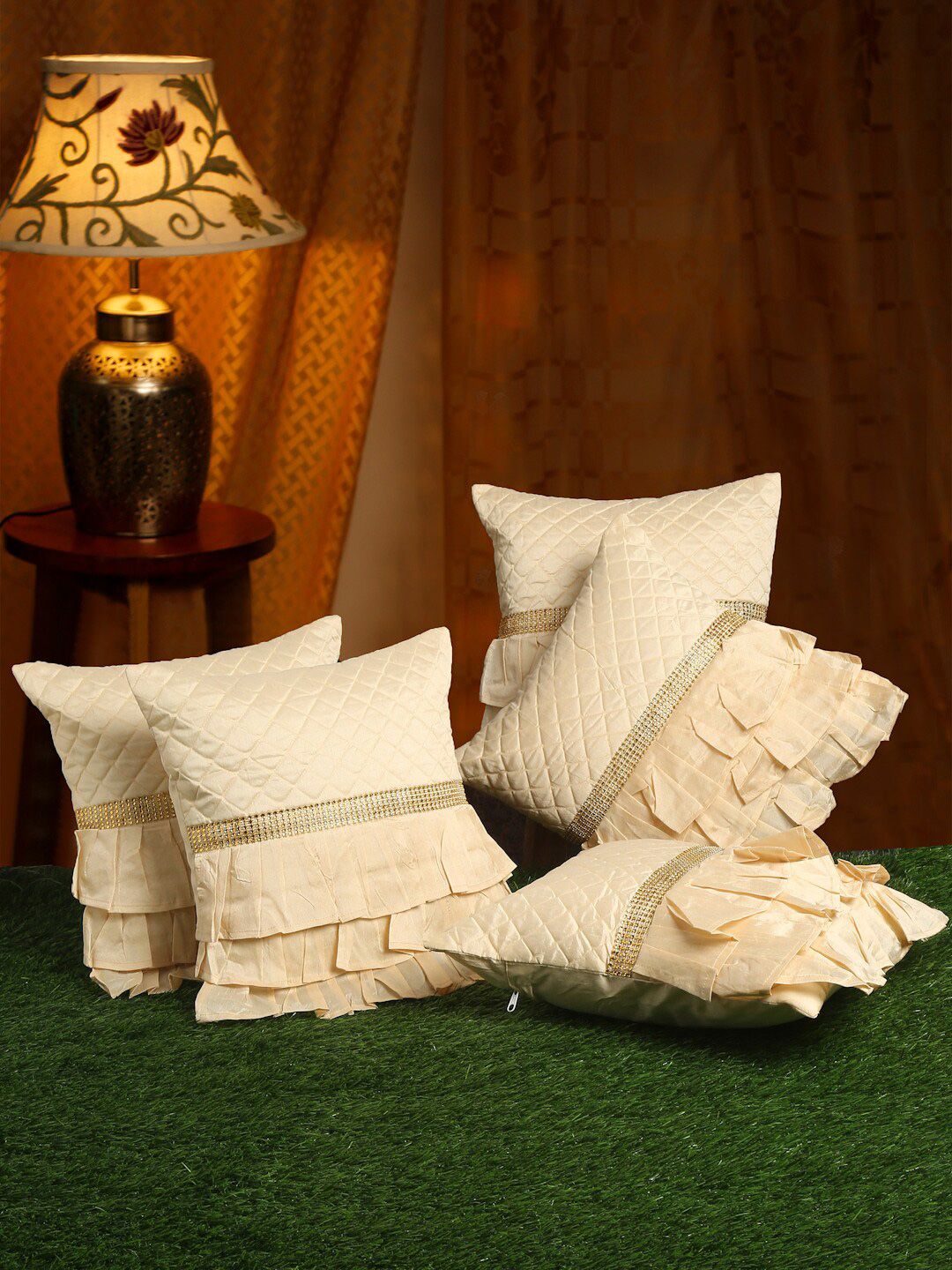 HOSTA HOMES Beige & Gold-Toned Set of 5 Quilted Frilled Satin Square Cushion Covers Price in India