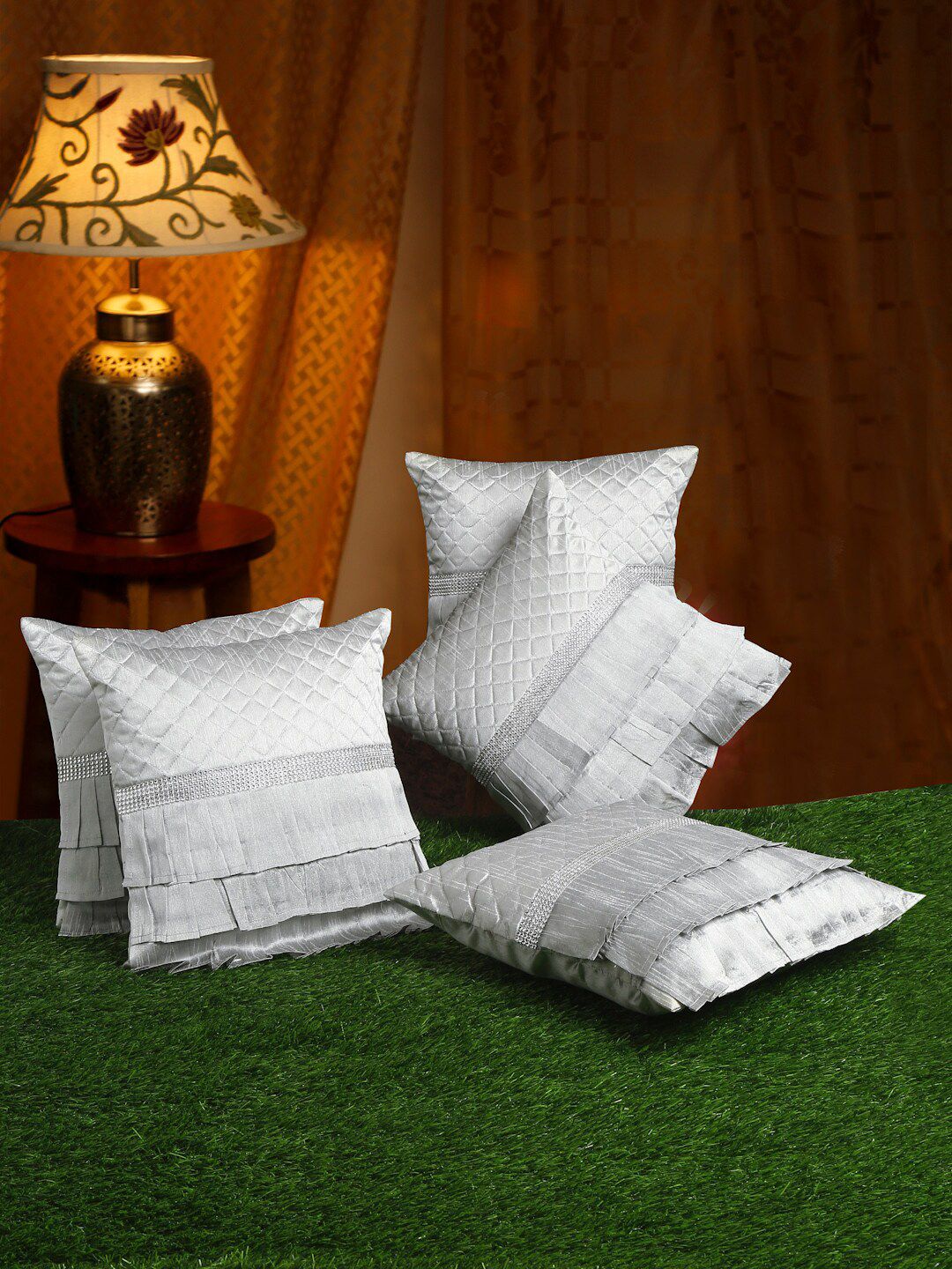 HOSTA HOMES Grey Set of 5 Satin Square Quilted Frilled Cushion Covers Price in India