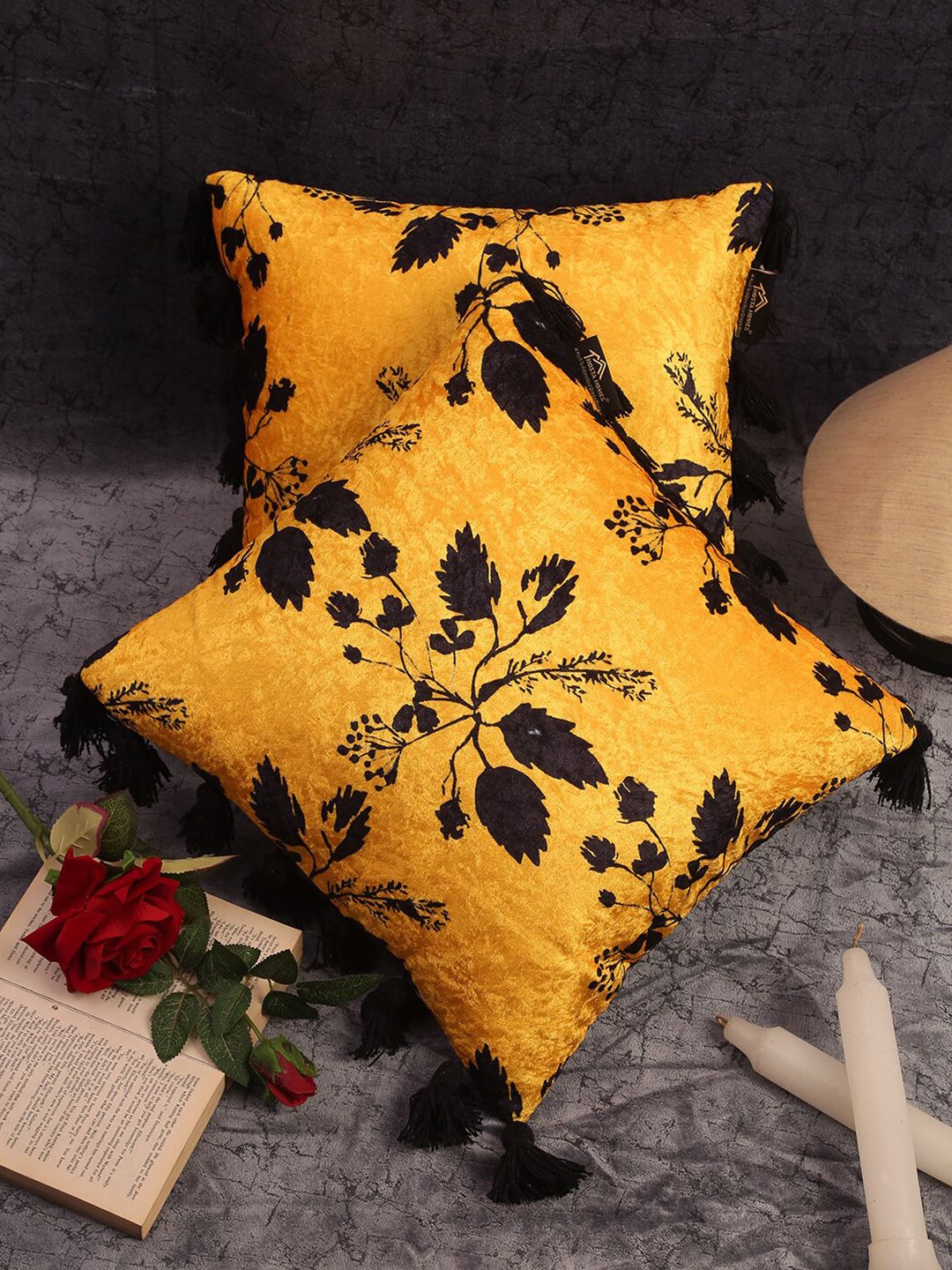 HOSTA HOMES Yellow & Black Set of 2 Floral Velvet Square Cushion Covers Price in India