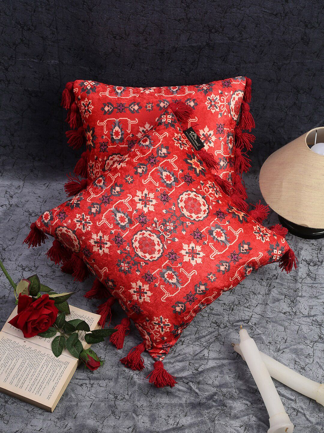 HOSTA HOMES Red & Grey Set of 2 Geometric Velvet Square Cushion Covers Price in India