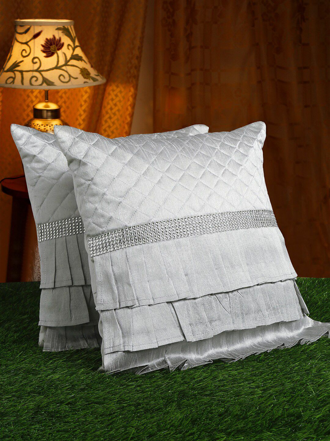 HOSTA HOMES Set Of 2 Grey Embellished Square Cushion Covers Price in India