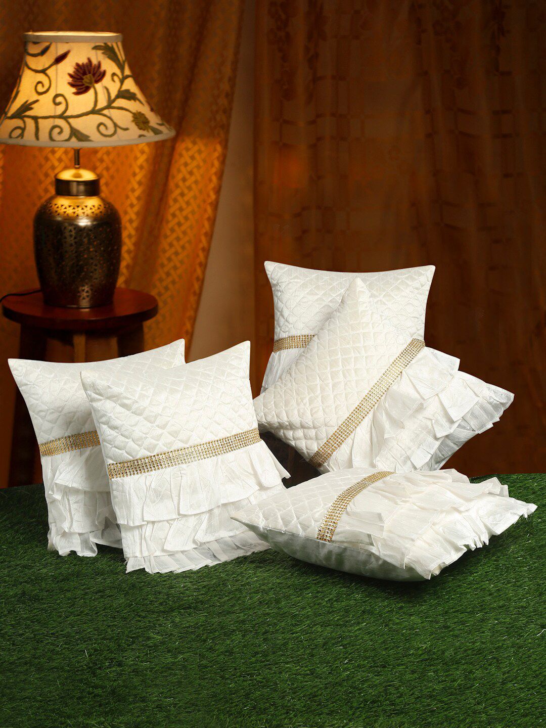 HOSTA HOMES White & Gold-Toned Set of 5 Embellished Satin Square Cushion Covers Price in India