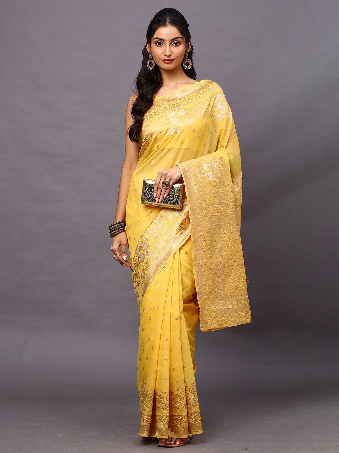 Mitera Yellow & Golden Ethnic Motifs Zari Silk Cotton Banarasi Saree Price in India