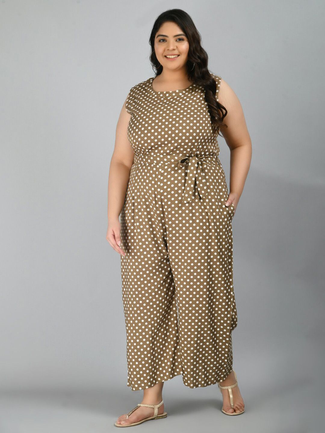 PrettyPlus by Desinoor com Beige & White Plus Size Rayon Printed Basic Jumpsuit Price in India